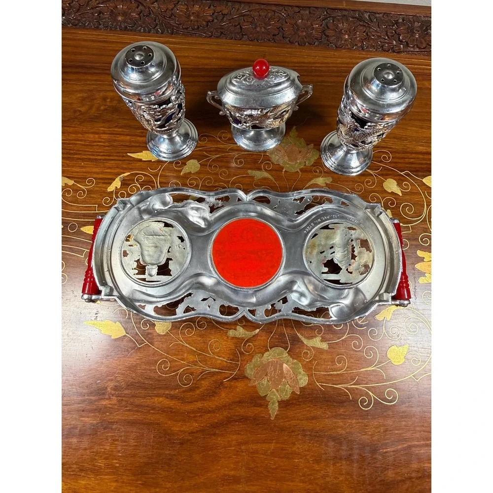 Vintage Japanese Condiment Set • Silver Plate Dragon Motif with Cobalt Glass